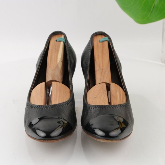 AGL Womens Pump Size 37 7 Black Leather Cap Toe Block Heel Elastic Trim Italy - Picture 3 of 12